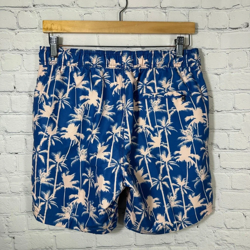 Saks Fifth Avenue Mens Palm Tree Print Swim Trunks Blue Pink Medium Board Shorts